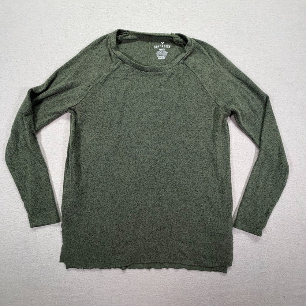 American Eagle Women Top Regular Olive Green Soft & Sexy Plush Raglan XS